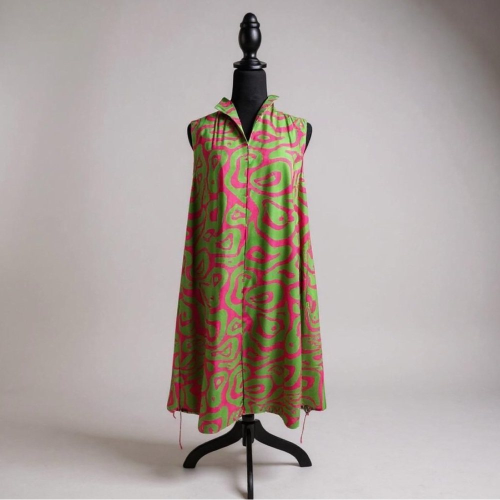 Green and Pink A-Line Midi Dress with Polo Collar